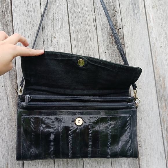 Vintage Eel Skin Eelskin Clutch Shoulder Bag Black Leather Lined Womens Purse - Picture 5 of 11